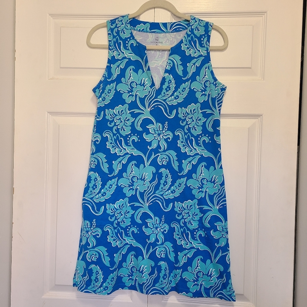 Lands End Blue‎ Aqua Tropical Floral Flower Print Stretch Knit Dress XS